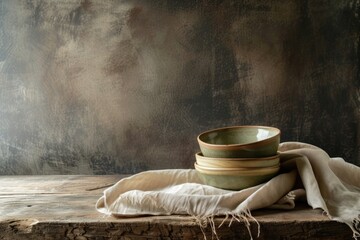 Culinary concept Still life of ceramic bowls on table with linen cloth Empty area for writing - obrazy, fototapety, plakaty