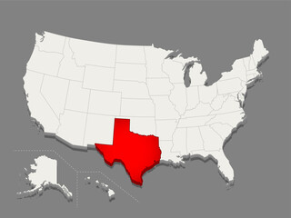 Fototapeta na wymiar The state of Texas is highlighted in red on a minimalistic map of the USA in white on dark background. Thin clean lines. Vector illustration.