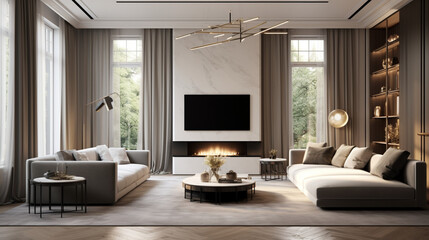 Fototapeta premium A large spacious living room in a modern style. Interior with a large gray sofa, coffee table, big windows, fireplace in front of the sofa in stylish home decor