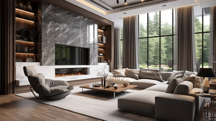 A large spacious living room in a modern style. Interior with a large gray sofa, coffee table, big windows, fireplace in front of the sofa in stylish home decor - obrazy, fototapety, plakaty