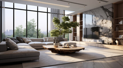 A large spacious living room in a modern style. Interior with a large gray sofa, coffee table, big windows, fireplace in front of the sofa in stylish home decor
