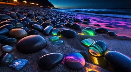 Fototapeta na wymiar beautiful beach colored stones in the beach side with waves at the night, phosphorus stones, colored beach stones background