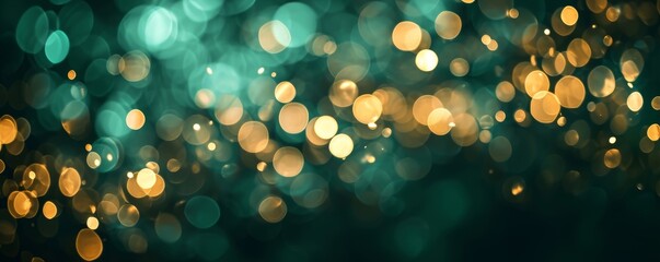 Abstract blur bokeh banner background. Gold bokeh on defocused emerald green background, Generative AI 