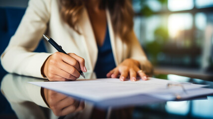 Lady writing legal contracts sitting on a desk - ai generative