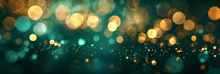 Abstract blur bokeh banner background. Gold bokeh on defocused emerald green background, Generative AI  - obrazy, fototapety, plakaty
