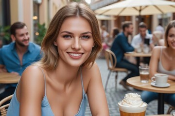 Close up portrait of pretty smiling young woman sitting in outdoor cafe. Generative AI