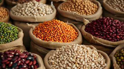 Fototapeta premium Harvested beans in bags at the market