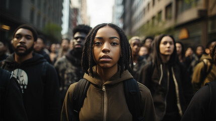 Youthful voices rise in city protest, captured with Tesseract style, blending dark gray and light bronze, employing a soft-focus technique, reminiscent of an Associated Press photo