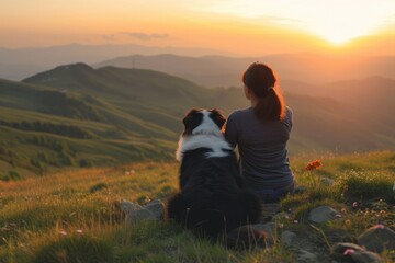 Rear view of female tourist with Bernese Mountain Dog enjoying idyllic view of landscape while sitting on grassy mountain during sunset 