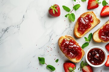 Delicious jam mint and strawberry served with toasts on a marble table