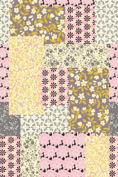 Patchwork floral seamless pattern with paisley and Indian flower motifs. Cottage core print for textile and decoration. Colorful retro background. Ditsy floral vector wallpaper.