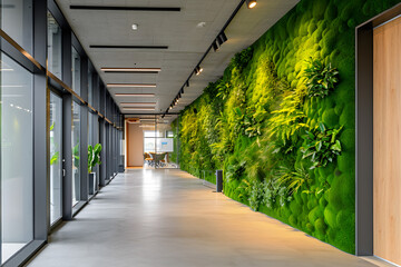 Green Office Aesthetics: Moss-Adorned Wall in Modern Workspace. Generative AI