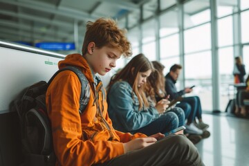 Teenagers waiting at the airport. They are playing with digital tablets and smartphones. 