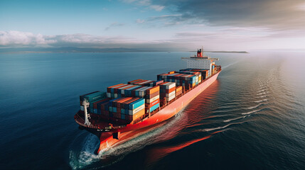 Front view, A loaded container cargo ship is seen ahead above the ocean - obrazy, fototapety, plakaty
