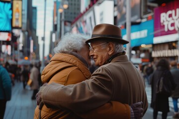 Fototapeta na wymiar Two senior friends embracing in Times Square in New York.