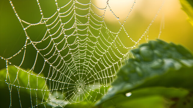 Morning dew on a cobweb against a background of green grass