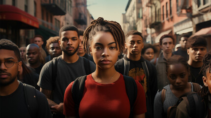 Fototapeta premium Young activists unite in a vibrant black and red protest, captured with earth-toned aesthetics, a focus on joints and connections, and bold colorism in this powerful city street scene