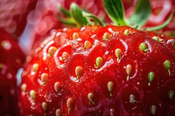 Detailed closeup shot of a ripe seed filled strawberry - obrazy, fototapety, plakaty
