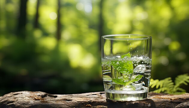 glass of water. glass of water on the table. glass of water with mint in nature. closeup of glass of water surrounded by trees and blue sky. h20 closeup