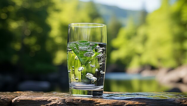 glass of water. glass of water on the table. glass of water with mint in nature. closeup of glass of water surrounded by trees and blue sky. h20 closeup