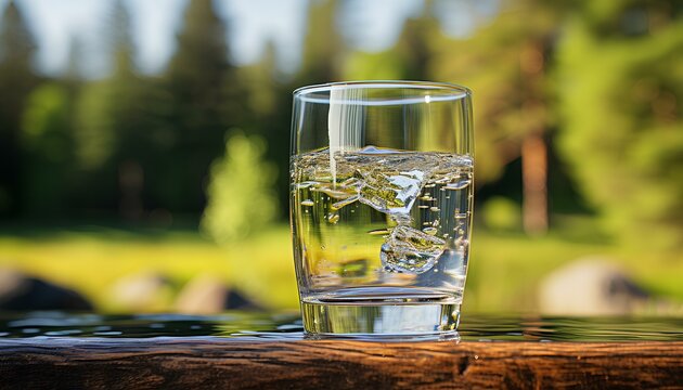 glass of water with ice. glass of water on the table. glass of water with mint in nature. closeup of glass of water surrounded by trees and blue sky. h20 closeup