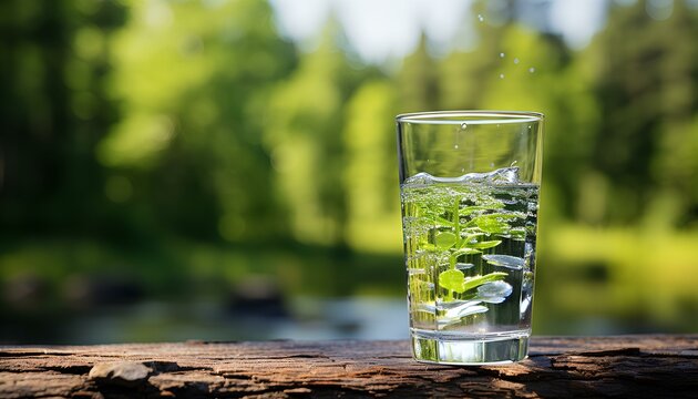 glass of water on green grass. glass of water on the table. glass of water with mint in nature. closeup of glass of water surrounded by trees and blue sky. h20 closeup