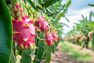 Dragon fruit growing on a tree in a Thai orchard ready for harvest on an Asian farm