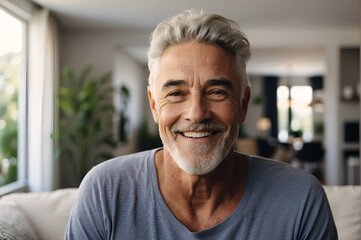 Obraz premium Lifestyle portrait of a handsome senior man smiling at the camera in a modern living room 