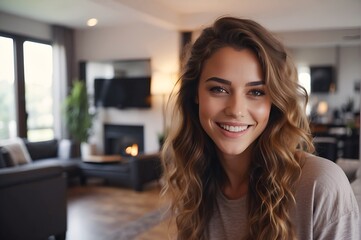 Lifestyle portrait of a millennial woman smiling at the camera in a modern living room 
