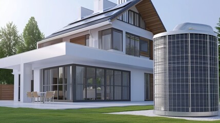 Fototapeta na wymiar Heat pump on a modern house, Renewable Energy sources concept