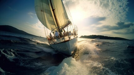 Cinematic scene from a sailboat race,. The dynamic movement of a sleek sailboat as it cuts through the waves. 