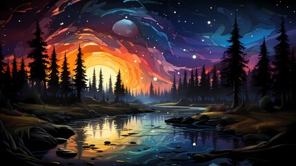 A captivating obsidian black lake reflecting the vibrant colors of a double rainbow, with the night sky aglow with the radiance of countless stars