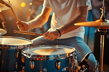 Drummer playing on rock drum set close up photo with warm toned live music background - obrazy, fototapety, plakaty
