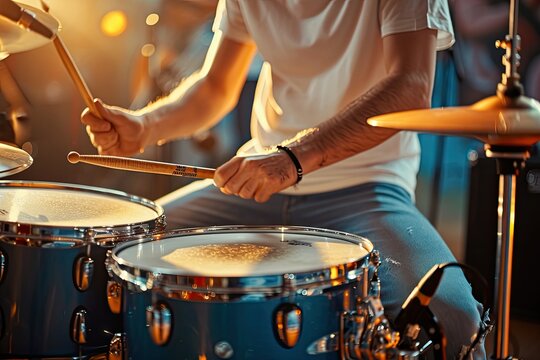 Drummer playing on rock drum set close up photo with warm toned live music background