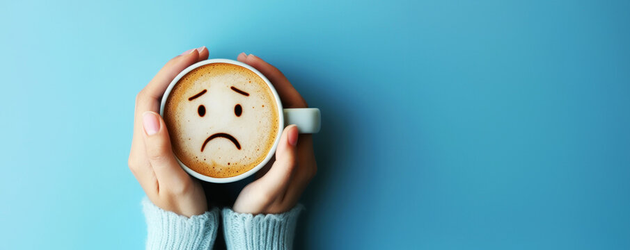 Female hands holding coffee cup with sad smiley latte art. Depression and sadness concept