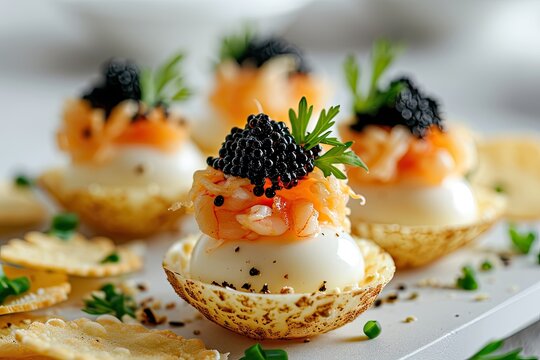 Elegant quail egg appetizer with squid shrimp black caviar on potato and cheese chips