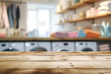 Empty table in blurred laundry room for design background - obrazy, fototapety, plakaty