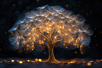 Illuminated fantasy tree with glowing leaves under starry night sky