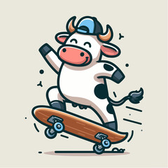 cute white cow cartoon character mascot skateboarding wearing a hat © Ngilustrasi
