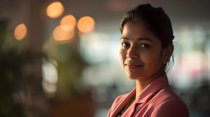 Closeup portrait of a young Indian businesswoman working in the office wearing pink blazer and smiling to camera with office environment as the background. Formal clothes and business photo. 