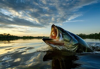 Fishing for big bass in a dawn lake with a blue sky at sunrise - obrazy, fototapety, plakaty