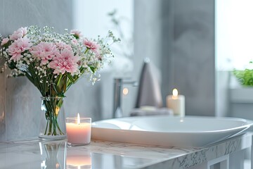 Floral and candle arrangement on bathroom countertop enhances interior design