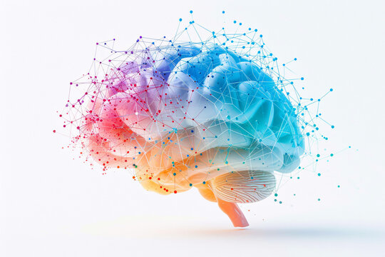Human brain with network connections in blue and purple