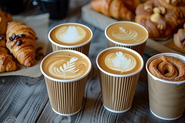 Four coffee types espresso cappuccino latte and mokiyato served with pastries croissant and chocolate shortbread cookies in disposable take away cups on a tab