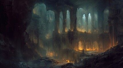 Ancient city in a dark forest with a fire