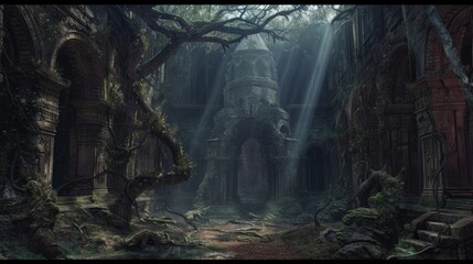 Mysterious ruins of an ancient temple in the jungle