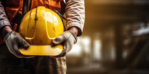 A detail of the worker holding yellow helmet in hands.