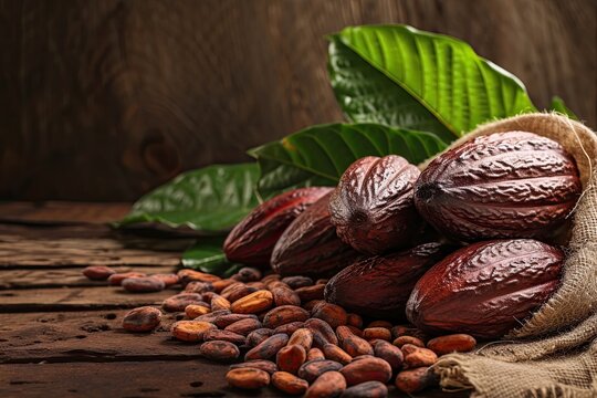 Fresh cocoa pods with beans on wooden table and cocoa plant backdrop
