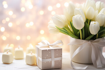 White day marshmallows and gifts. Bouquet of white tulips and gift boxes