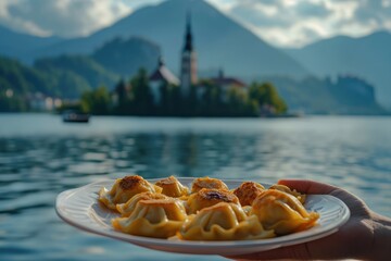 Slovenian Delight by the Lake: Chef's Scenic Presentation Features a Plate of Žlikrofi, a Beloved Traditional Slovenian Dumpling Dish, Set Against the Enchanting Backdrop of Lake Bled.